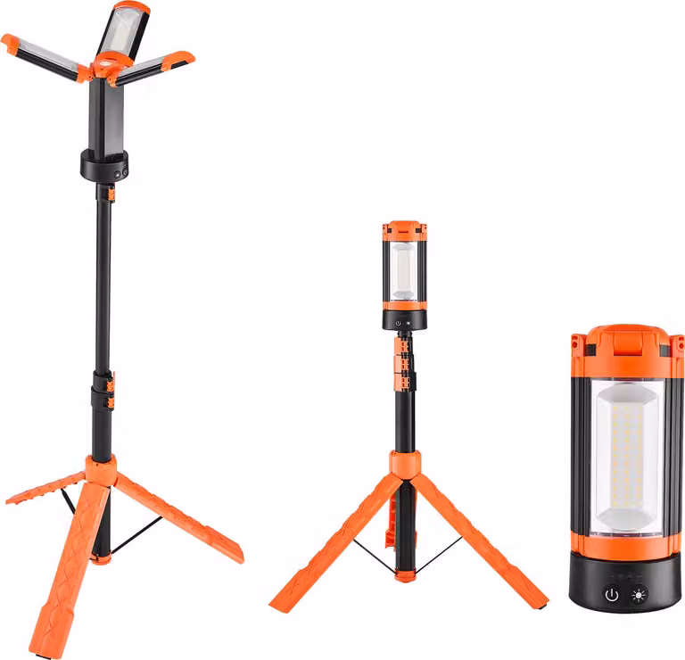 SucceBuy Faretto da cantiere a LED con treppiede, luce da lavoro portatile, luce da campeggio ricaricabile, 3 teste di lampada, supporto per treppiede staccabile, 2200 lumen, dimmerabile da 3000 K a 6500 K, ideale per l'illuminazione del cantiere