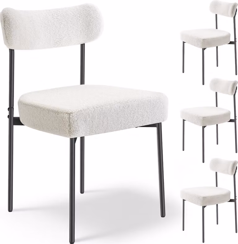 SucceBuy Sedia da pranzo moderna (set di 4) Sedia imbottita in Sherpa (136 kg di portata) per tavoli da pranzo, sedia da cucina compatta con schienale ergonomico e robuste gambe in metallo nero, caffetteria bianca