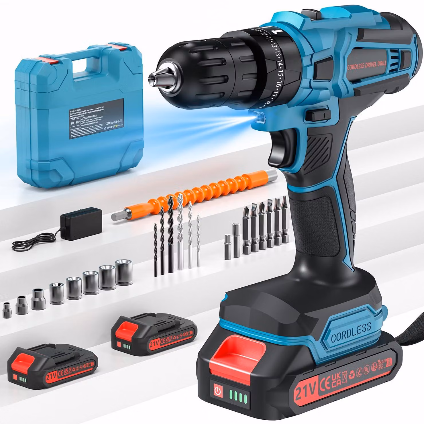 Avvitatore a batteria da 21 V - Coppia di 45 Nm - 2 batterie da 2,0 Ah - Mandrino autoserrante da 10 mm - Luce LED