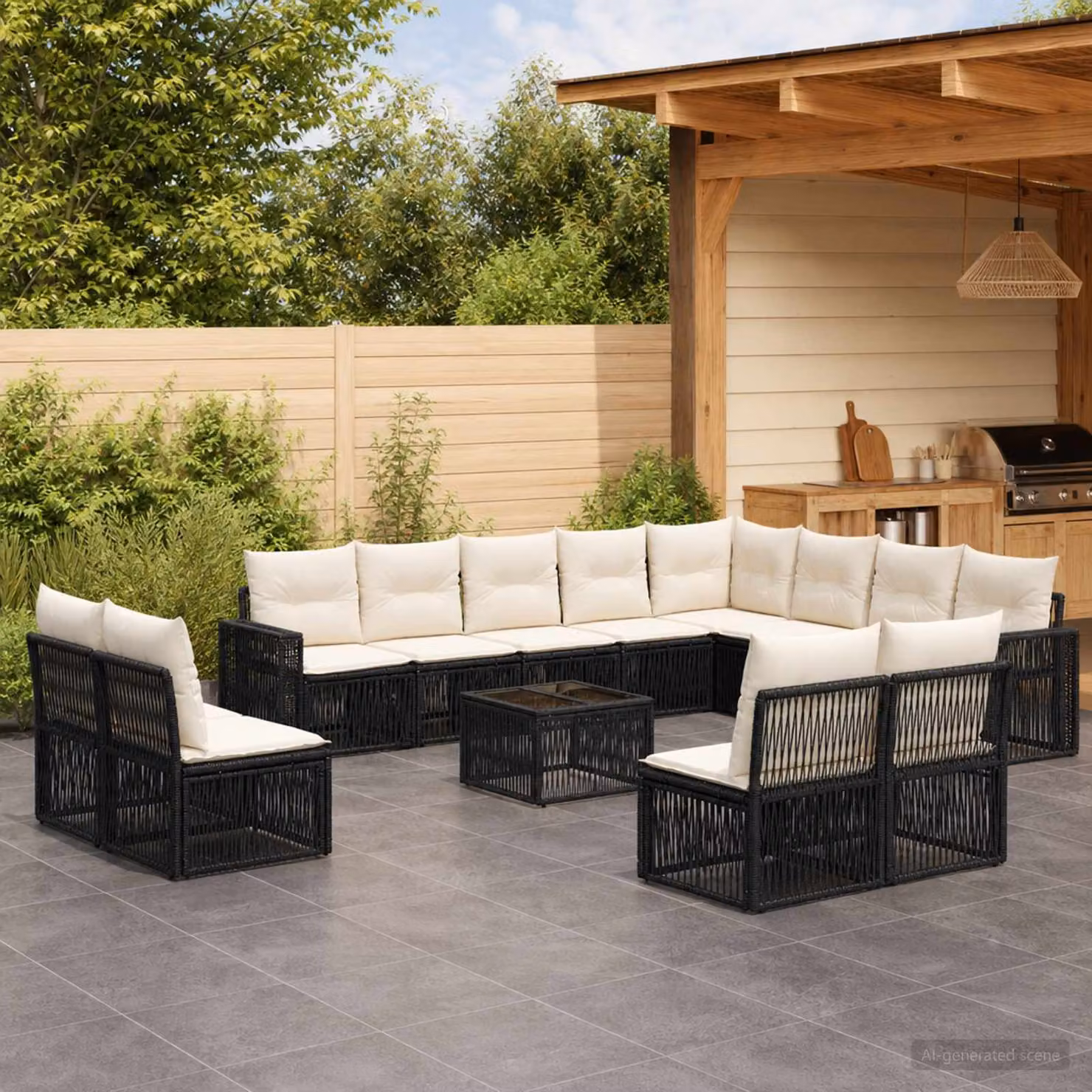 Set Divano da Giardino vidaXL a forma a U in Polyrattan con Tavolino e Cuscini, Nero e Bianco Crema