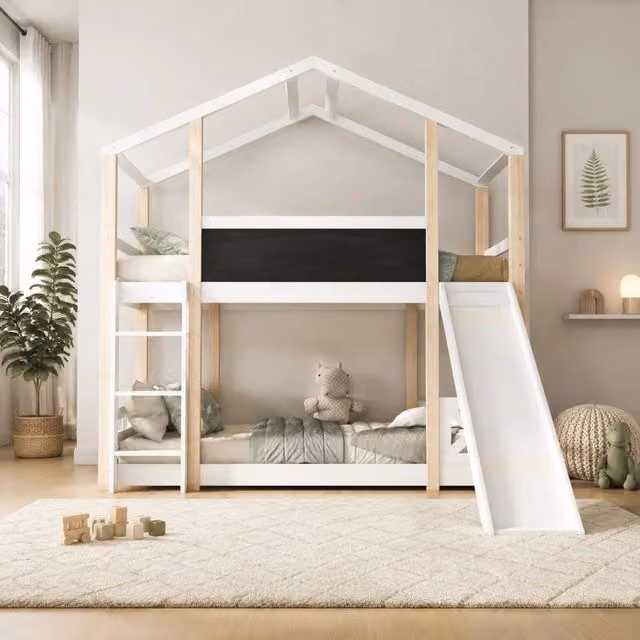 Letto a soppalco per bambini con scala e scivolo 90x200 cm in legno massello bianco