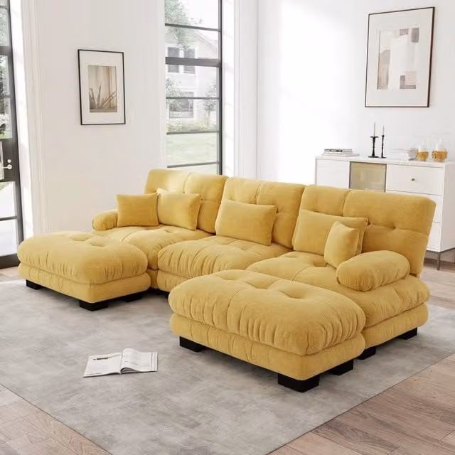 Divano modulare angolare Zephmum a forma di U con pouf e funzione letto, giallo