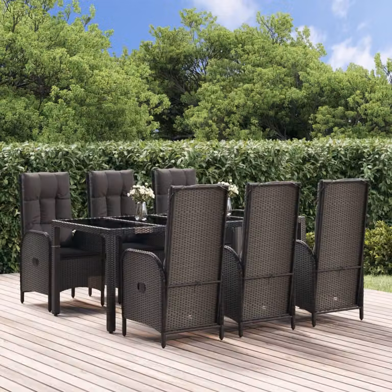 Set da pranzo da giardino vidaXL in polyrattan con cuscini, 7 pezzi, nero e grigio