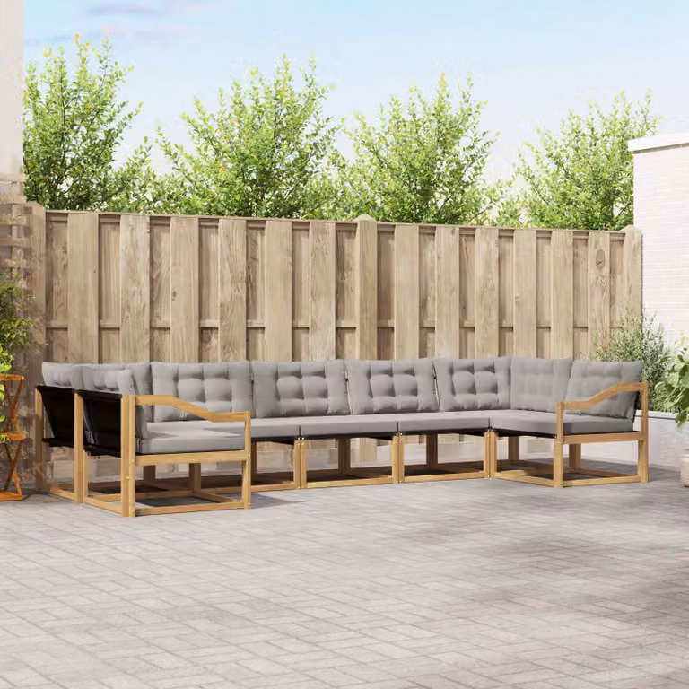 Set di divani da esterno vidaXL a forma di U composto da 7 pezzi in legno di acacia e textilene, colori bianco, grigio e marrone