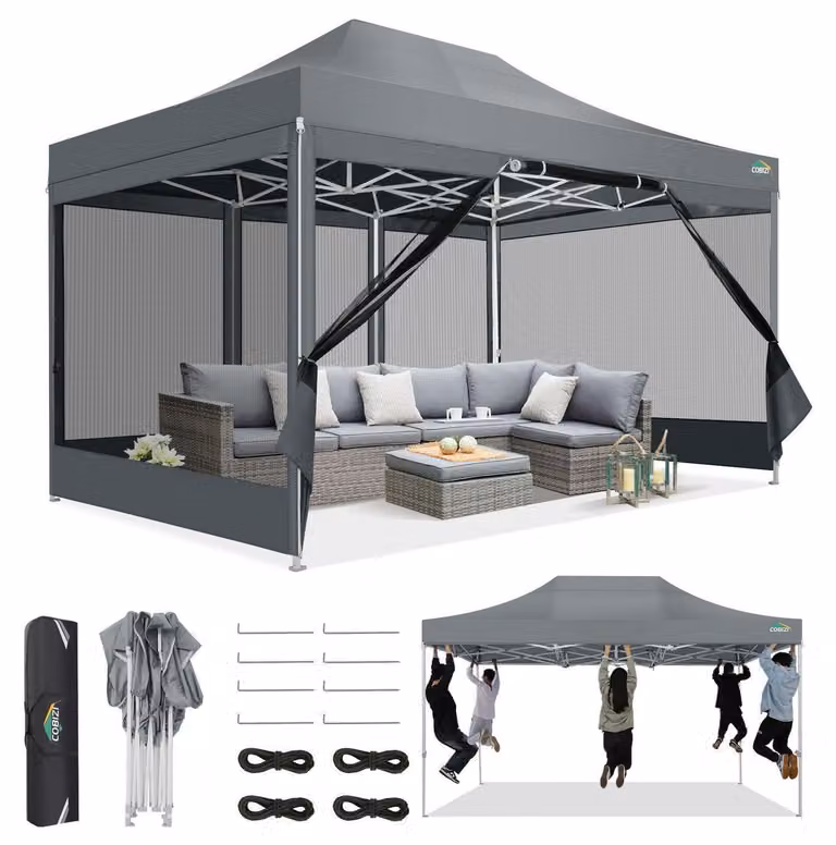Gazebo da esterno 3x4,5 metri con zanzariera, impermeabile, protezione UV 50+, regolabile in altezza su 3 livelli, 4 pareti laterali, tessuto Oxford 420D, colore grigio