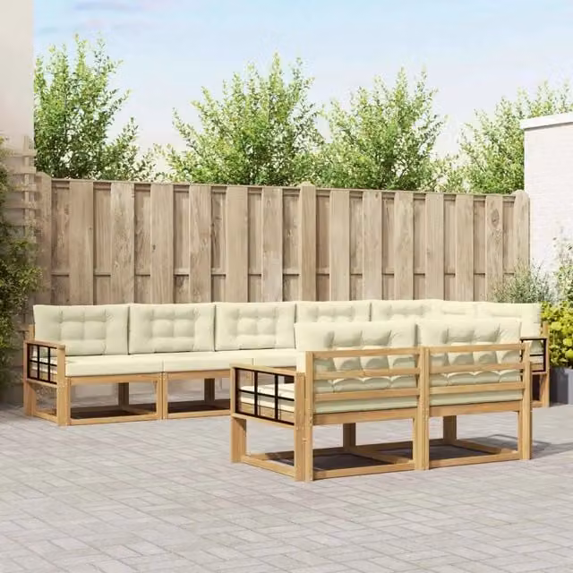 Set di divani da esterno a L vidaXL in legno di acacia con cuscini bianchi e beige