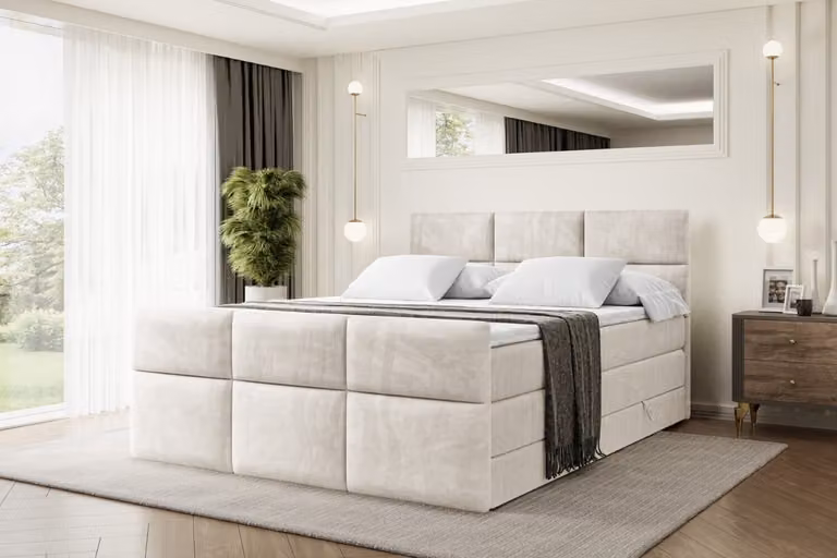 Letto boxspring ALTDECOR con pediera, 2 materassi e topper - 200x200 cm - OHIO-Z KING - Velluto color taupe - Letto imbottito con materassi H3 e H4, contenitore e rete a doghe, letto con spazio contenitivo
