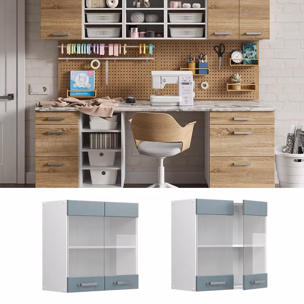 Pensile universale R-Line Vicco con ante in vetro, Grigio, Blu e Bianco, L: 60 cm – 2