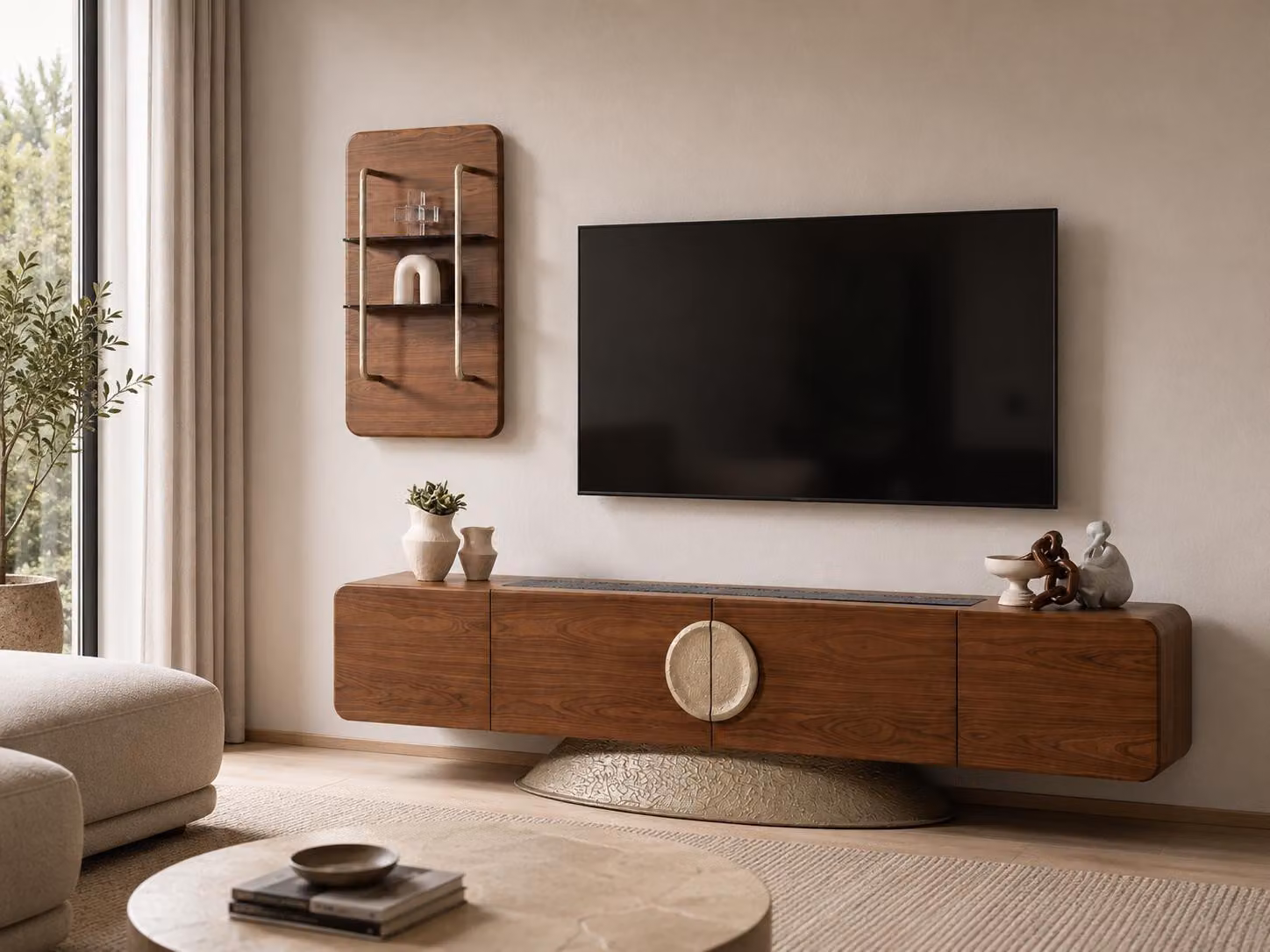 Mobile TV a basso con ante in legno noce, design moderno con elemento circolare