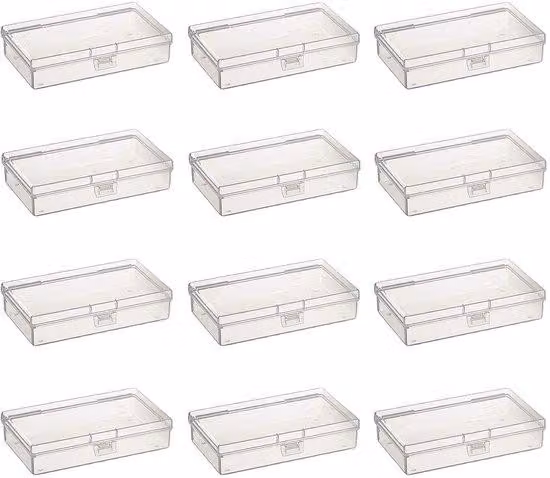 Ibenzoa® Set di 12 contenitori rettangolari trasparenti, in plastica, dimensioni 145x75x30 mm, con coperchio a cerniera e chiusura a scatto – ideali per gioielli e piccoli oggetti