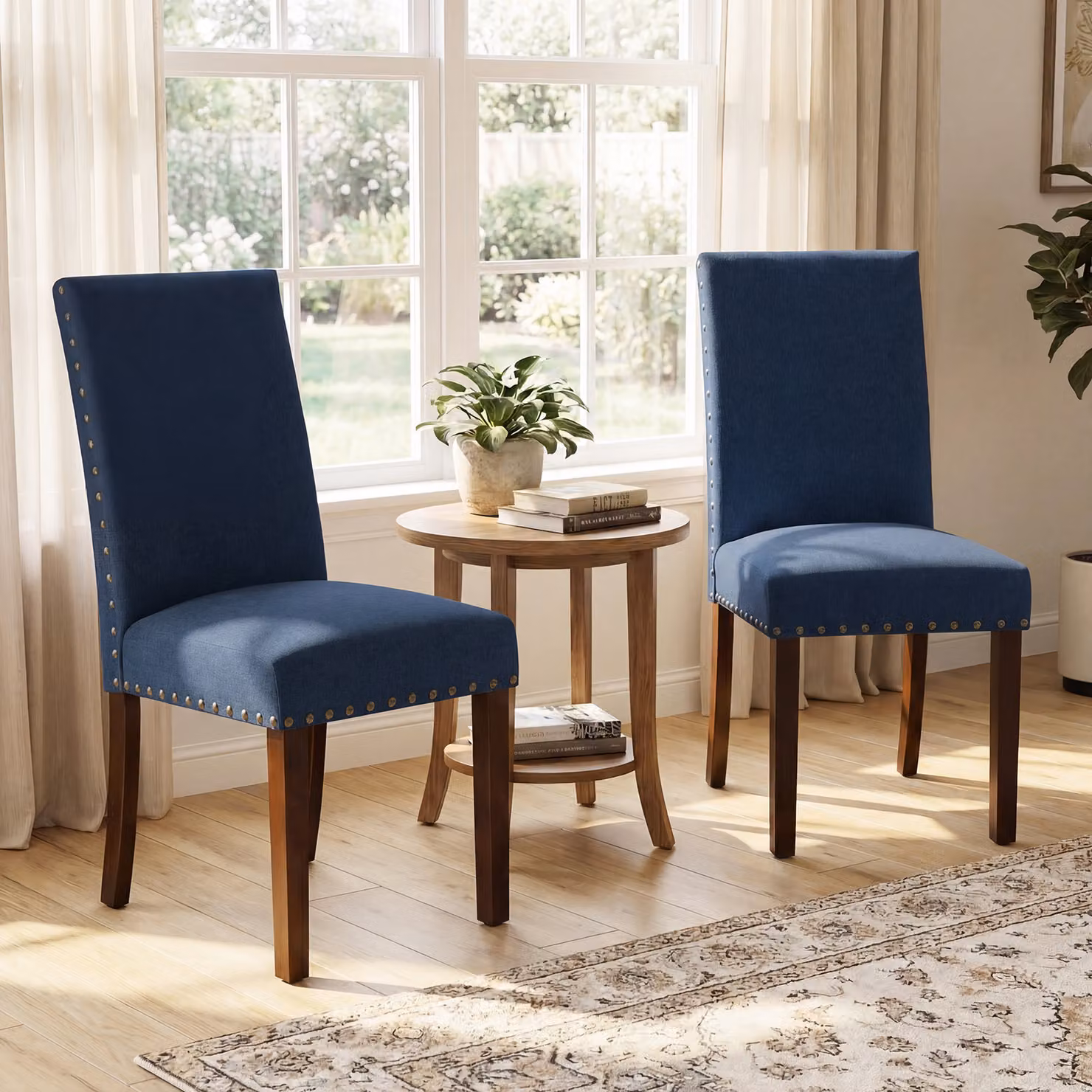 Set di 2 sedie da pranzo imbottite Costway con gambe in legno massello e piedini regolabili, sedie da cucina con schienale alto, Blu