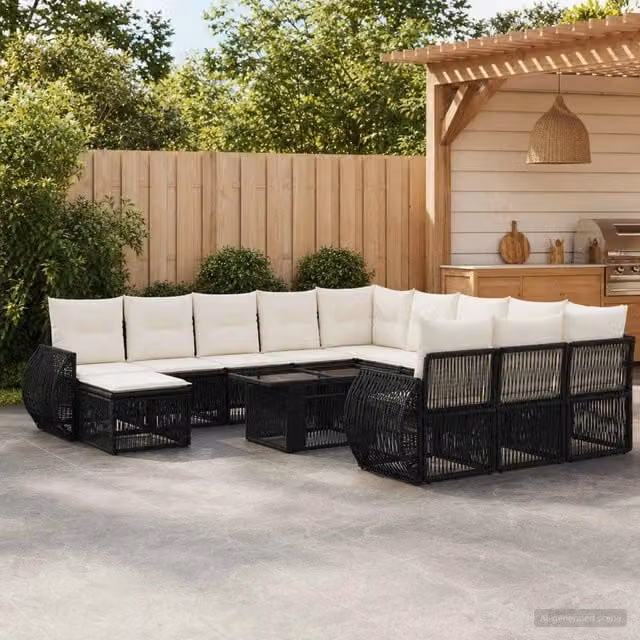Set Divano da Giardino Moderno vidaXL in Polyrattan Nero e Bianco Crema con Tavolino e Ottoman 13 Pezzi – 1