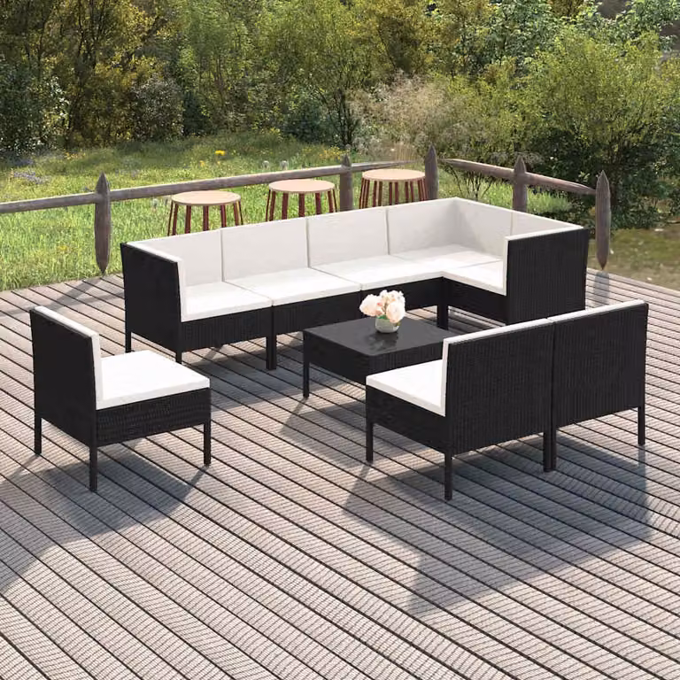 Set di divani da giardino vidaXL 9 pezzi con tavolino e cuscini bianchi in rattan e metallo nero con forma a L