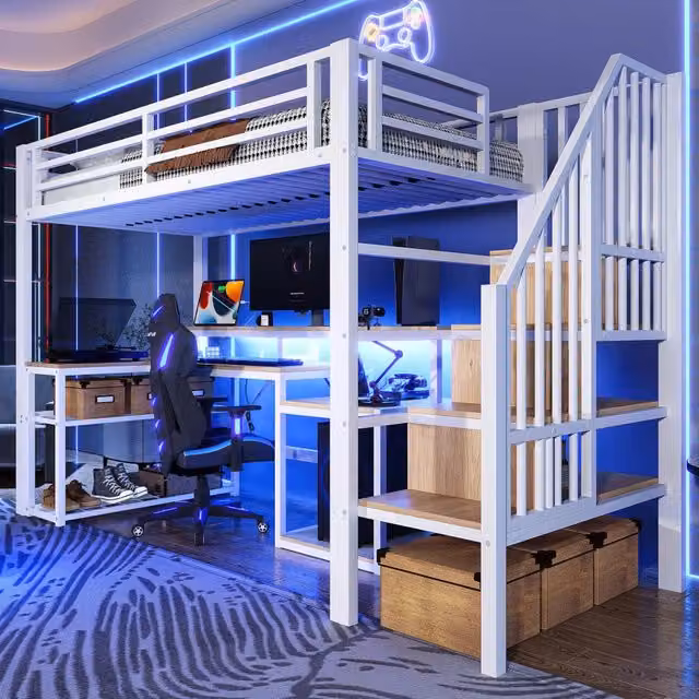 Letto a soppalco 90x200 cm con scrivania; LED e USB in metallo e MDF bianco