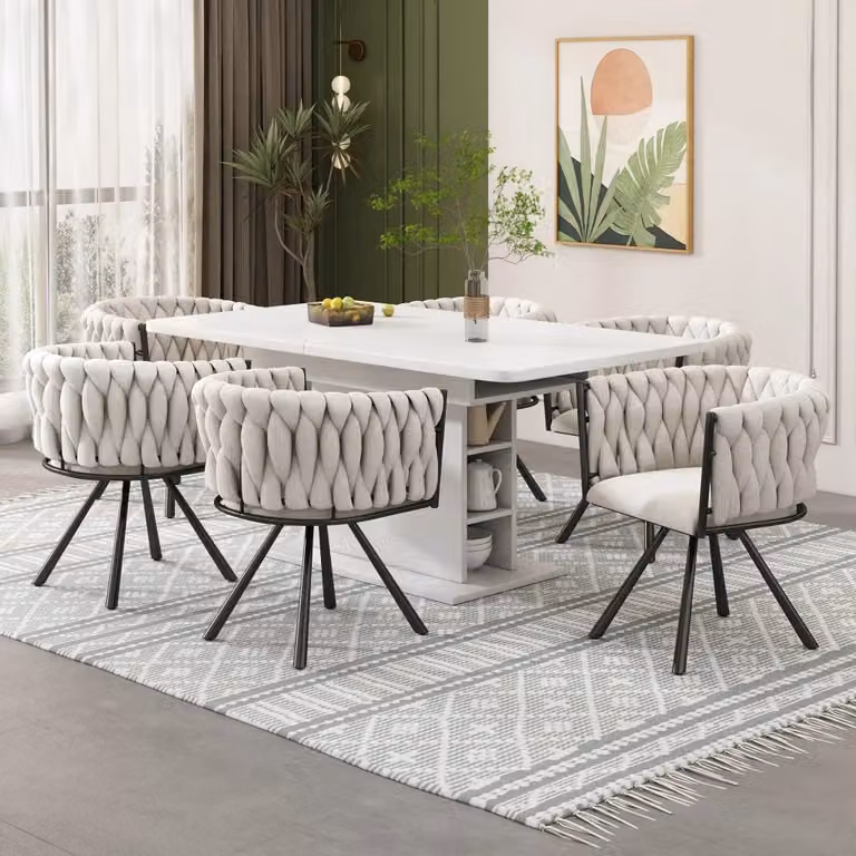 Set di 4 sedie da pranzo OKWISH girevoli a 360 gradi con schienale ergonomico, rivestimento in tessuto e gambe in metallo, disponibili in nero o bianco