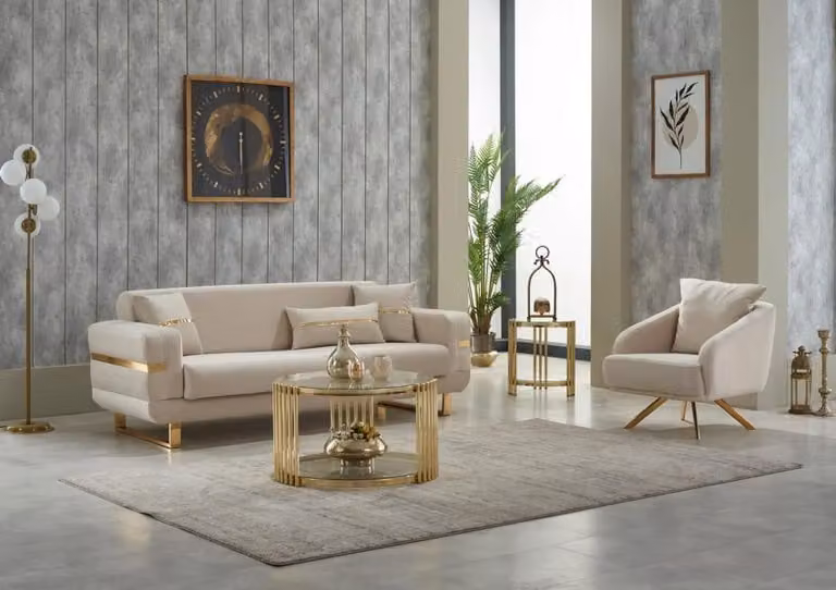 Sofagarnitur Dreisitzer Sofa Stoffsofa Polstersofa Beige Sessel 2tlg