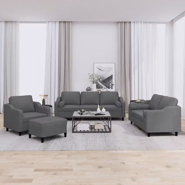 Set di divani moderno vidaXL composto da un divano a 3 posti, un divano a 2 posti, un pouf e cuscini in tessuto grigio