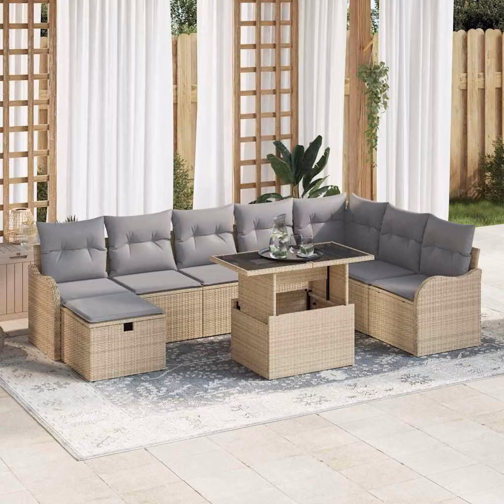 Maison Exclusive - Set di divani da giardino, 9 pezzi, color beige, in rattan sintetico