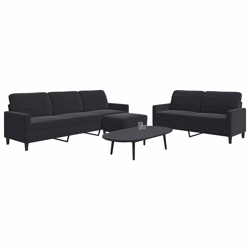 Set di divani moderno vidaXL in velluto nero con pouf e cuscini per soggiorno – 1