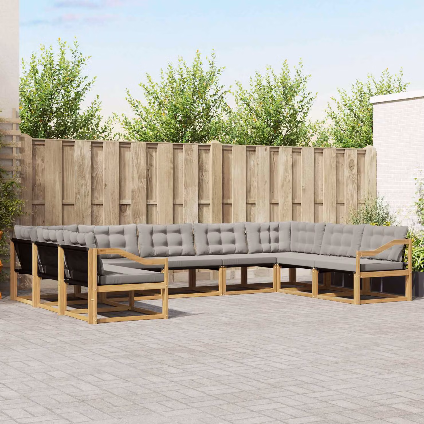 Set di divani da esterno a L vidaXL in legno di acacia con cuscini, 9 pezzi, Bianco e Grigio