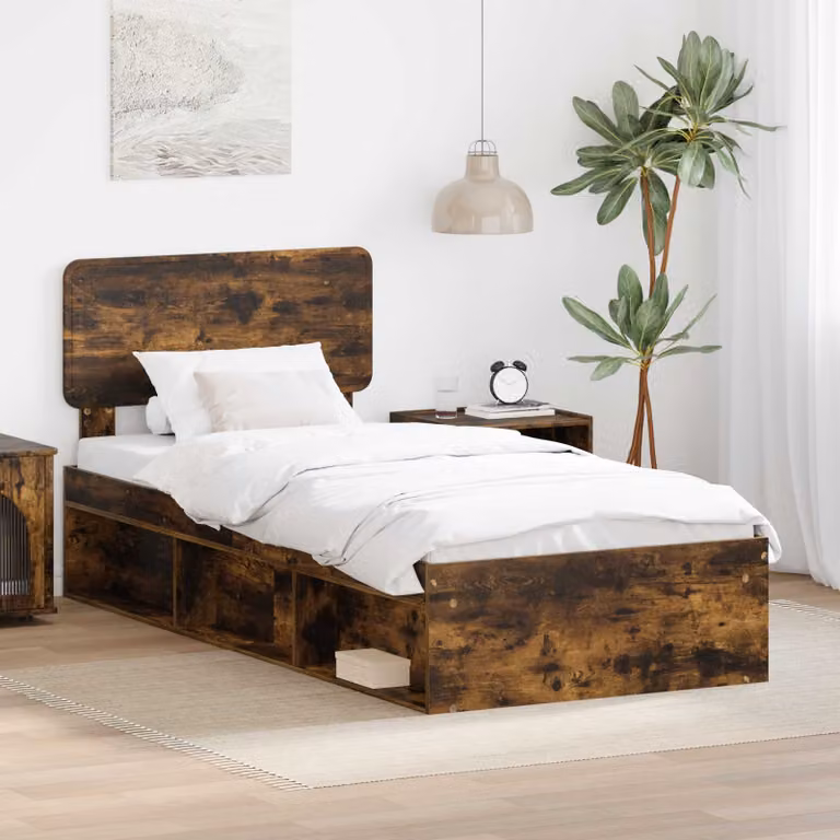 Struttura del letto moderna vidaXL in pino massello e MDF, colore rovere fumo, L 80 cm x P 190 cm