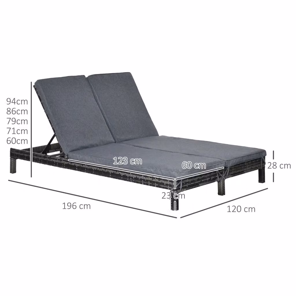 Lettino prendisole doppio Mivray in polyrattan grigio con schienali regolabili e telaio in metallo per giardino e terrazza – 2