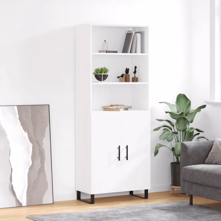 Credenza moderna vidaXL in legno multistrato e metallo, colore bianco opaco, L: 69,5 cm, P: 34 cm, H: 180 cm