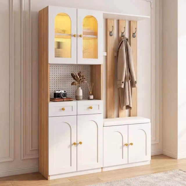 Mobili per l'ingresso, guardaroba con seduta e illuminazione a LED, scarpiera per l'ingresso, finitura effetto legno, bianco