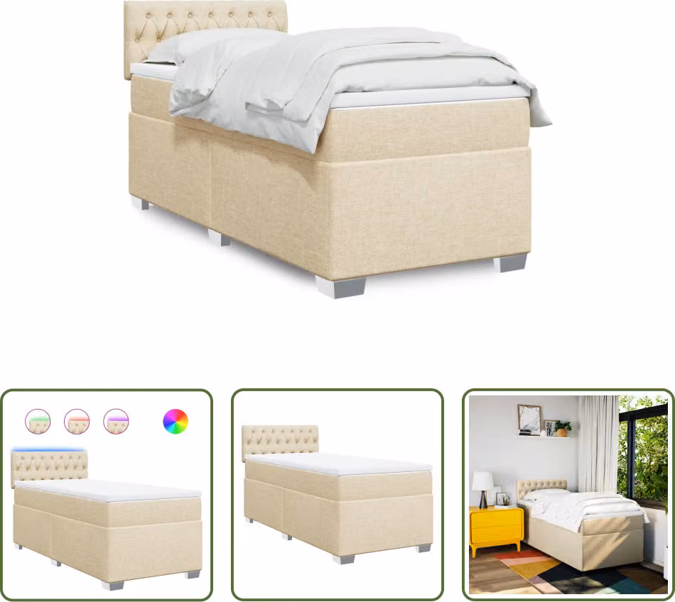 The Living Store Letto a molle con materasso crema 90x200 cm in tessuto