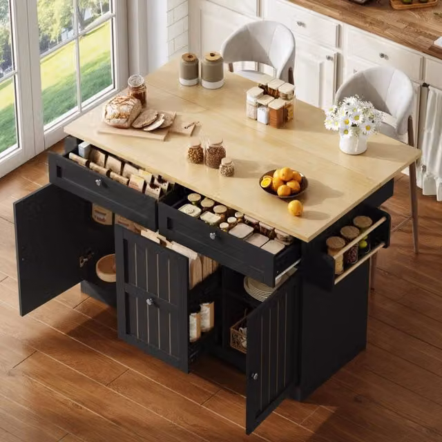 Isola cucina mobile in MDF nera con piano pieghevole; cassetti e ruote bloccabili; 120 × 45/70 × 92 cm