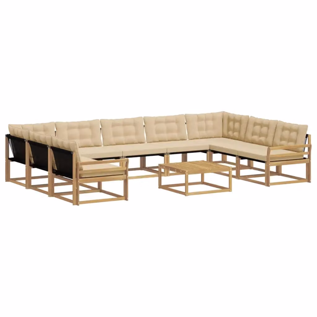 Set di divani da esterno vidaXL a forma di U con tavolo da caffè, in legno di acacia e tessuto textilene, colore bianco e beige – 2