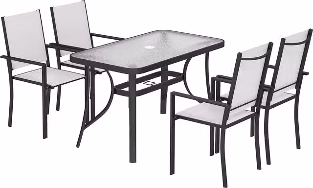 Set da giardino Outsunny composto da 5 pezzi con tavolo rettangolare in vetro temperato e 4 sedie impilabili in textilene, colore grigio chiaro