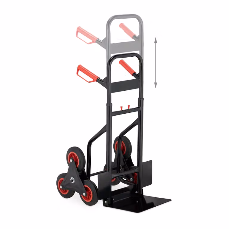 Carrello saliscale Relaxdays, carrello da trasporto pieghevole, fino a 200 kg, ruote in gomma piena, regolabile in altezza, nero/rosso