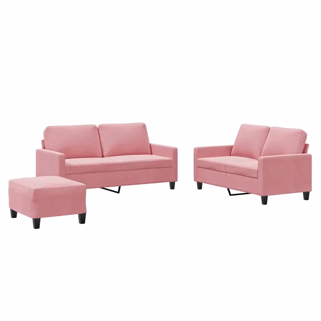 Set di 3 divani vidaXL in velluto rosa con cuscini per soggiorno in stile moderno – 2