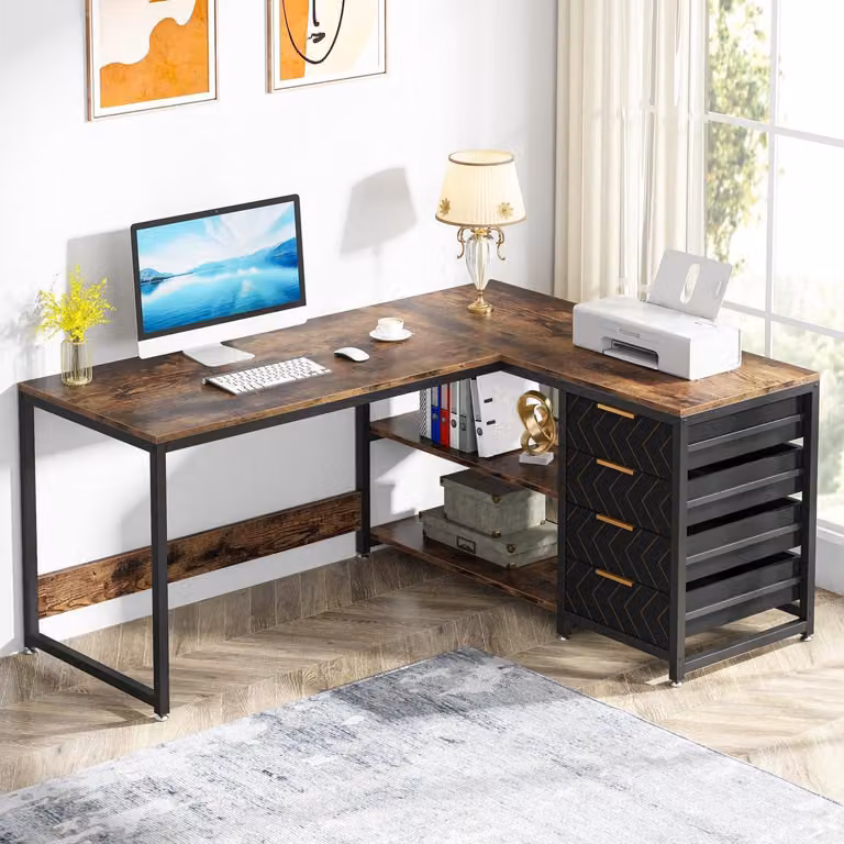 Scrivania a forma di L con 4 cassetti e 2 ripiani, reversibile, color marrone, dimensioni 150x110x75 cm