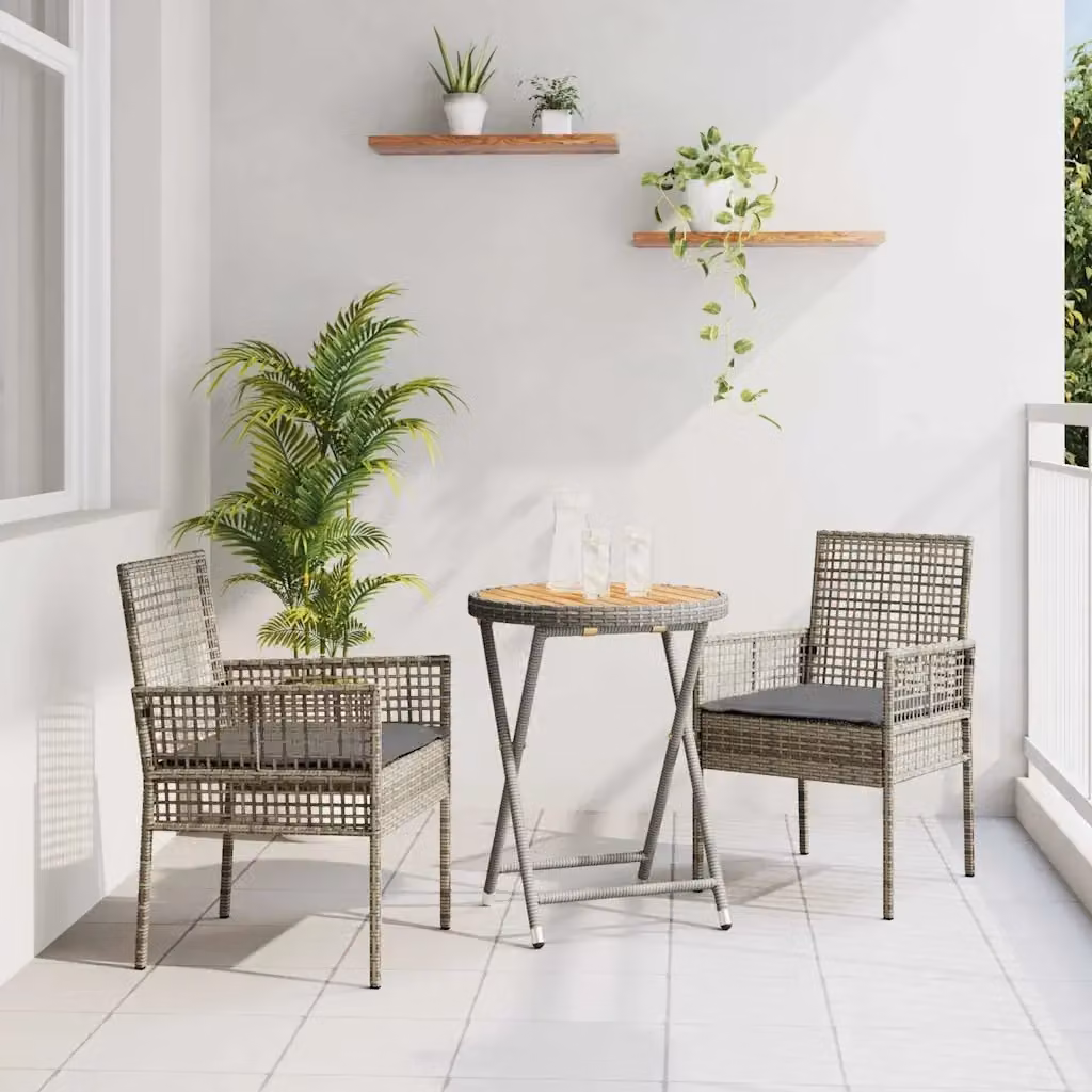 Set Bistro da Giardino 3 Pezzi in Polyrattan e Legno di Acacia Grigio con Tavolo Quadrato Moderno – 2