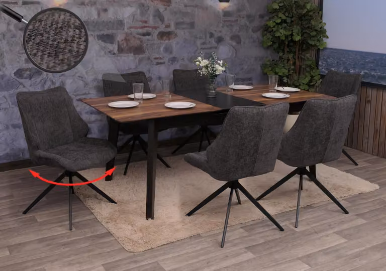 Set di 6 sedie da pranzo modello HWC-O48, sedia da cucina, girevole con sistema di ritorno automatico, rivestita in tessuto chenille (320g/m²), colore grigio