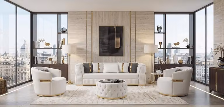 Divano bianco confortevole, elegante divano a tre posti, 2 poltrone relax