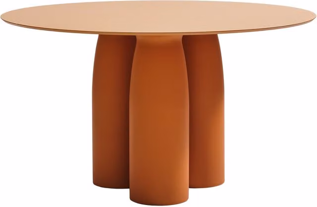 Tavolo rotondo moderno Qeeboo Toto in laminato MDF con base a colonna centrale, disponibile in giallo e arancione, Diametro: 130 cm, Altezza: 74 cm