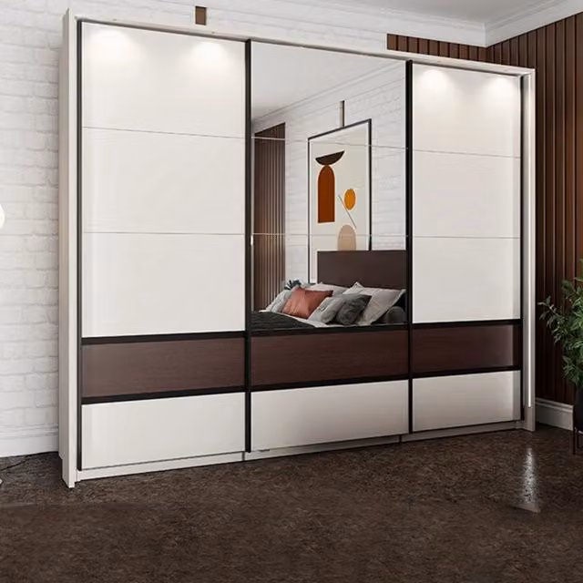 Armadio con ante scorrevoli DMORA per camera da letto, moderno con specchio e illuminazione LED, L: 267 cm, P: 62 cm, H: 218 cm, colori bianco beige e marrone