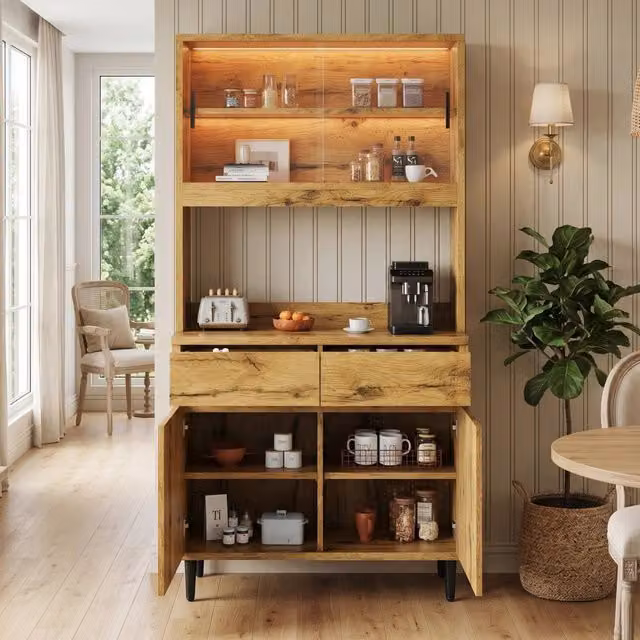 Credenza alta WISHDOR per soggiorno e sala da pranzo con ante in vetro trasparente e illuminazione integrata, colore marrone, L 100 cm x P 40 cm x H 185 cm – 1
