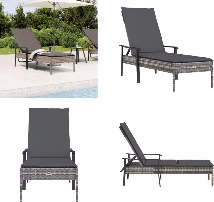 vidaXL Lettino prendisole con cuscino in poly rattan grigio - Lettino prendisole - Lettino da giardino - Mobili da giardino