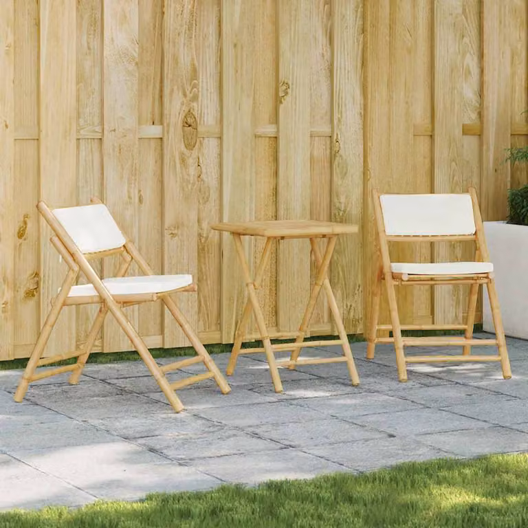 Set da Bistrot Pieghevole 3 pz vidaXL in Bambù con Cuscini Bianco e Beige