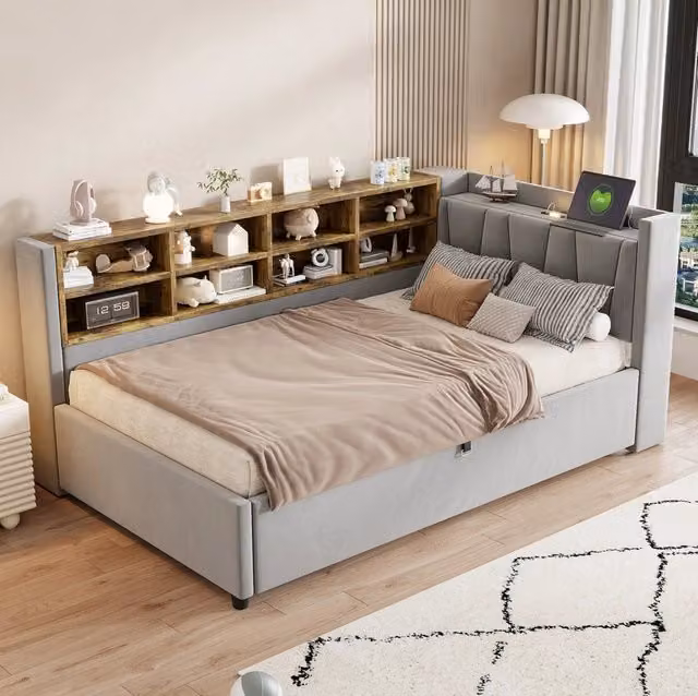 Letto imbottito 90x200 cm in velluto grigio con testiera; luce notturna; USB e Type-C