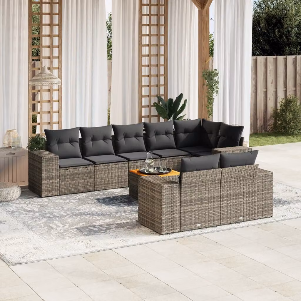 vidaXL Set Divano da Giardino a L 9 pz in Polyrattan Grigio con Cuscini e Tavolino – 1