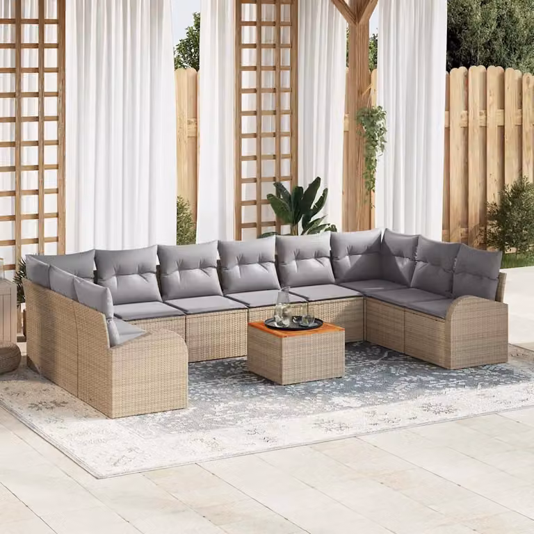 Set Divano da Giardino vidaXL 11 pz Beige con Cuscini e Tavolino in Polyrattan e Acciaio