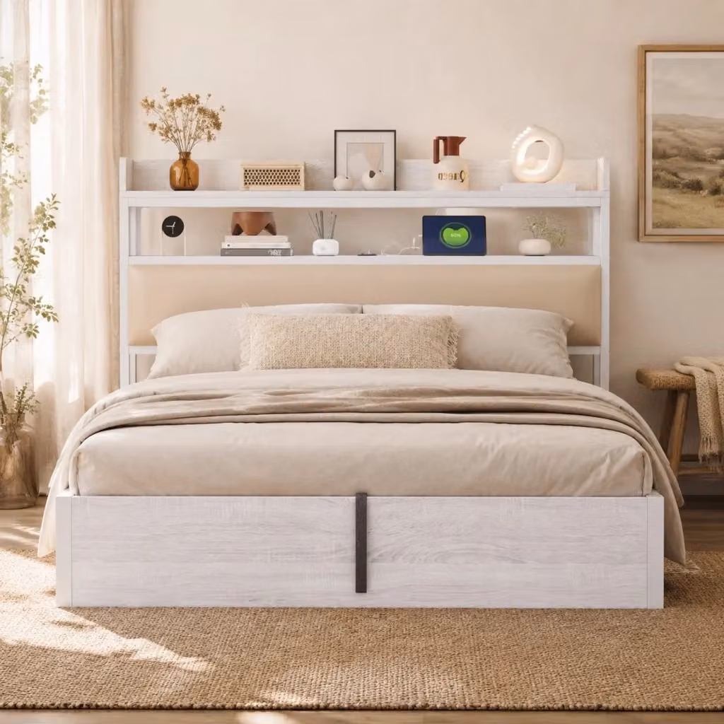 Letto matrimoniale MODFU con contenitore a sollevamento idraulico, testiera imbottita, porta USB e mensola laterale, bianco, L: 180 cm, P: 200 cm – 2