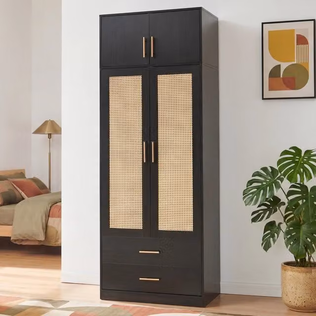 Armadio da guardaroba Larundi en.casa con 4 ante e 2 cassetti, Nero/Effetto Rattan, H: 216 cm, L: 80 cm, P: 52 cm – 1