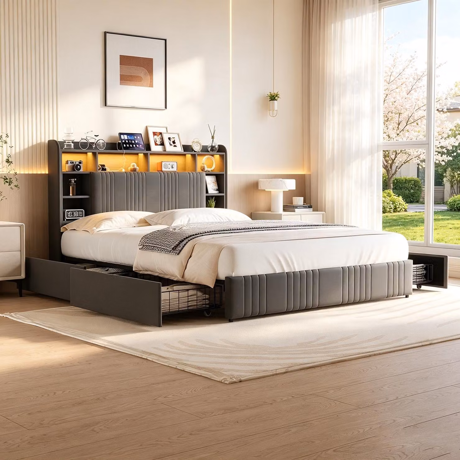 Letto imbottito INONEFT, modello boxspring, 160x200 cm, con LED e porte USB/C. Letto matrimoniale con struttura e 4 cassetti, testiera con vano aperto. Letto per giovani, colore grigio, tessuto in lino