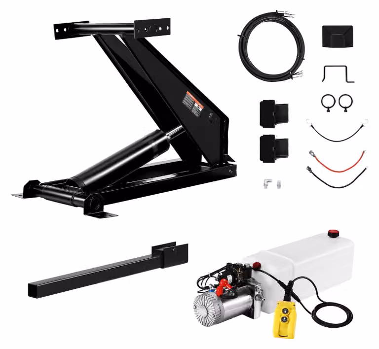 Kit sollevatore idraulico per rimorchi, capacità 10 tonnellate, alimentazione 12V, peso: 198 kg, acciaio